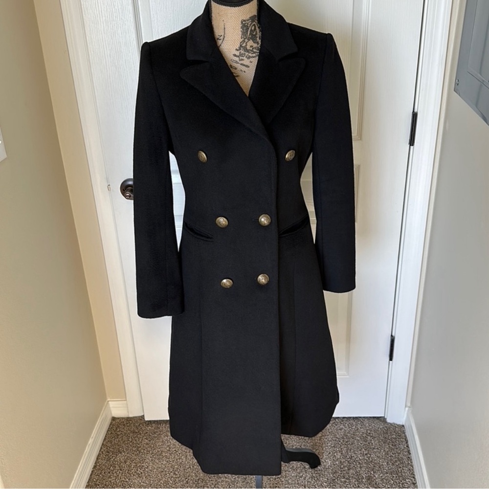 Classic Women’s Ralph Lauren double breasted buttoned black wool trench coat